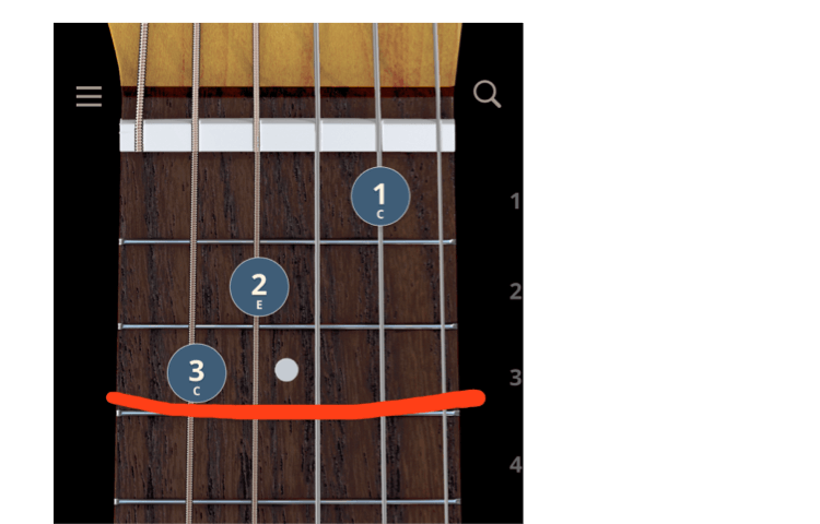 A screenshot of a C major chord. A relatively straight line shows it is easy to navigate.