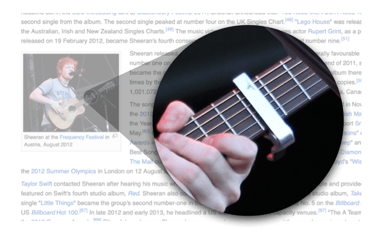 A screenshot of Ed Sheeran's Wikipedia page, with Ed using a capo.