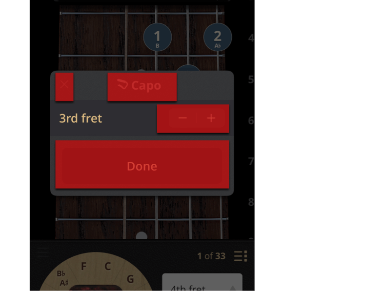 The adjust capo controls, integrating the fret into the stepper.