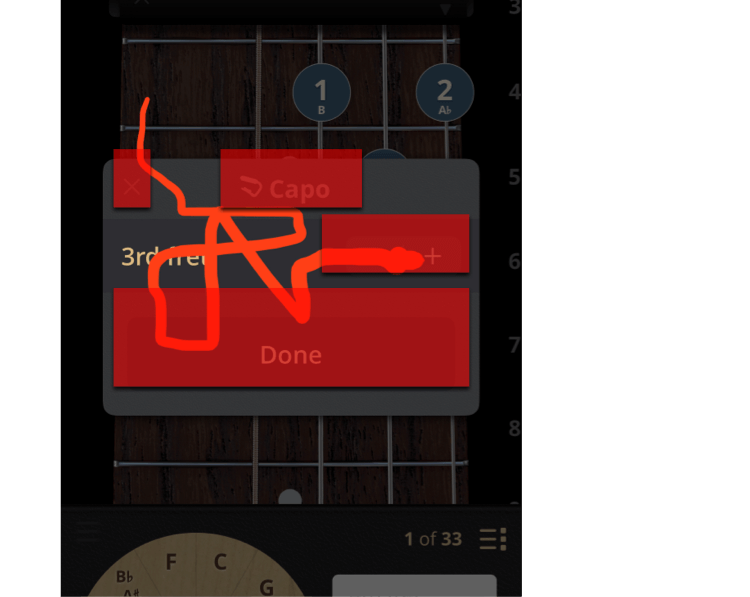 The adjust capo controls, with a squiggly red line showing that it is difficult to find the stepper controls.