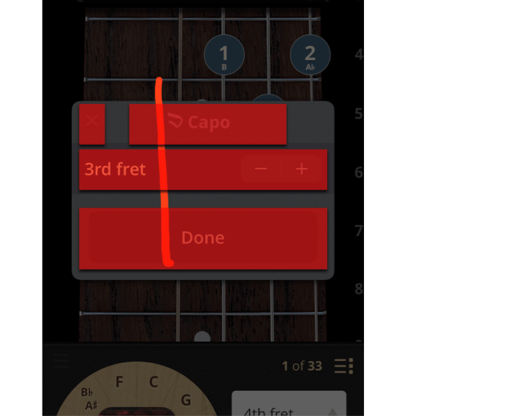 The optimized adjust capo controls, with a red line showing that it is easy to find the stepper controls.