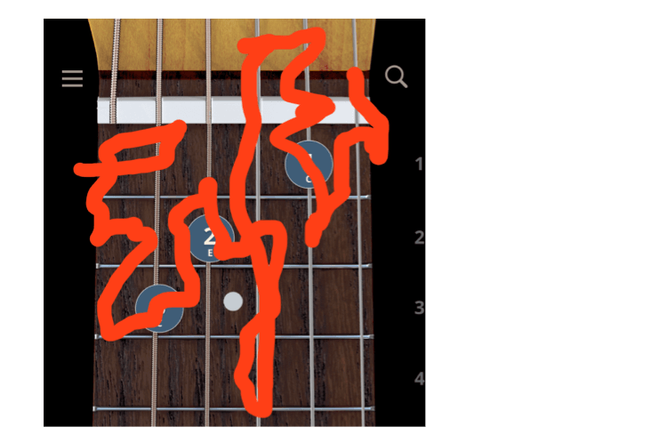 A screenshot of a C major chord, with a red squiggly line drawn on top to indicate finger position.