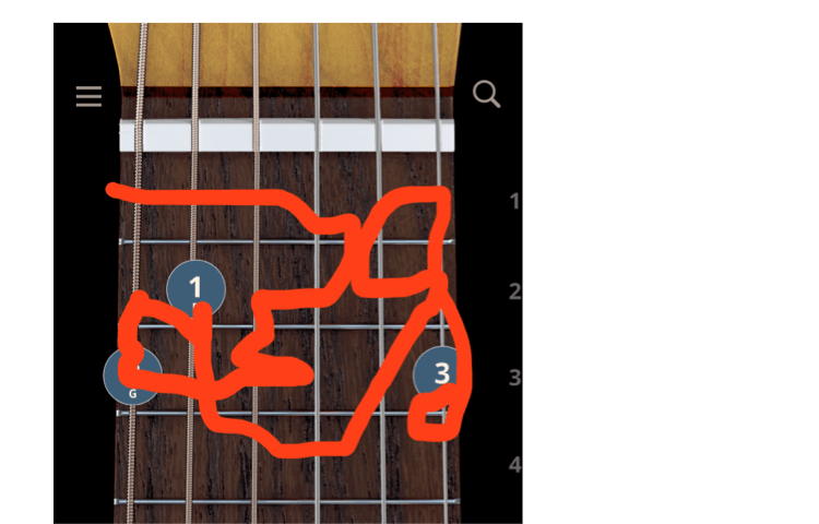 A screenshot of a G major chord, with a red squiggly line drawn on top to indicate finger position.